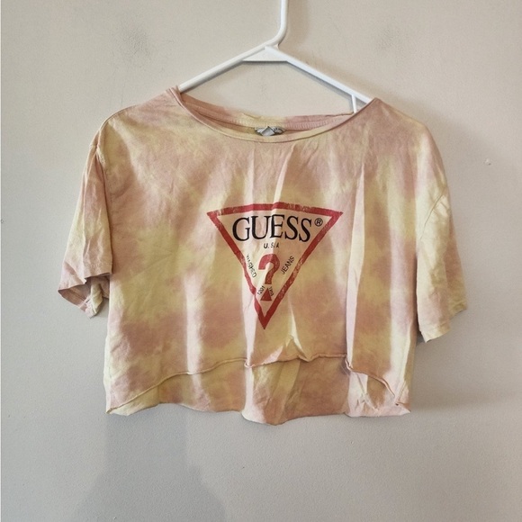 Guess Cropped Logo Cotton T-Shirt small Classic Print Triangle tye dye - Picture 1 of 3